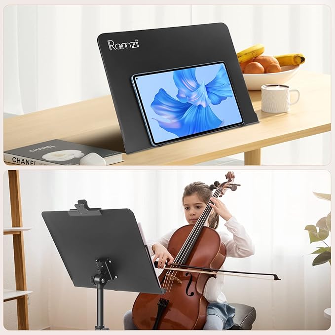 Ramzi Music Stand For Sheet Music 5 In-1 Dual-Use Desktop Book Stand , Music Stand Light, Carrying Bag, Sheet Music Clip