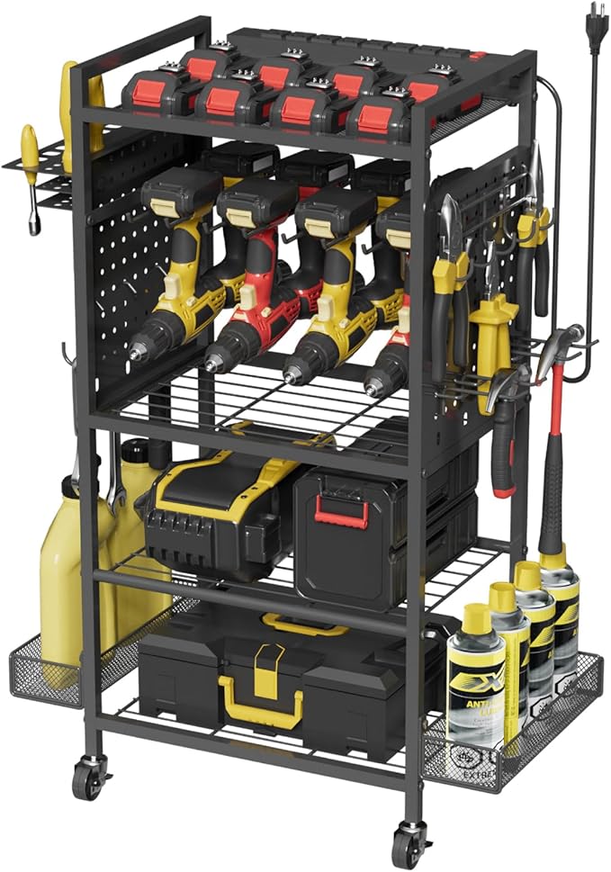 Power Tool Organizer Cart with Charging Station, Heavy Duty Garage Tool Organizer Rolling Tool Battery Storage with 8-Outlet Power Strip, 4 Wheels, 2 Hanging Baskets, 8 Hooks, Drill Bit Holder, Black