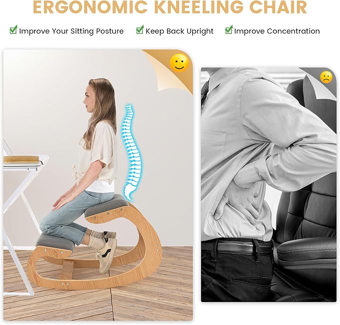 Giantex Ergonomic Kneeling Chair, Posture Chair for Desk with Cushion, Solid Wood Frame, Max Load 330 Lbs, Comfortable Ergo Rocking Kneel Chair for Office Home Study (Gray)