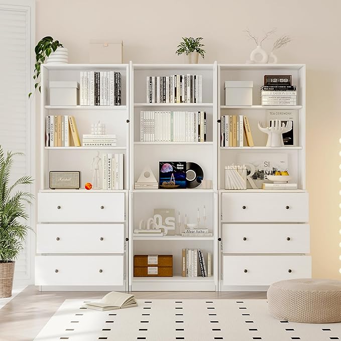 TUSY 71" H Bookshelf with Storage, 6-Tier Modern Bookshelves with 3 Large Drawer, Display Bookcase with Glass Doors, Modern 5-Tier Curio Cabinet for Home Office, Dining Room (White, ABBA)