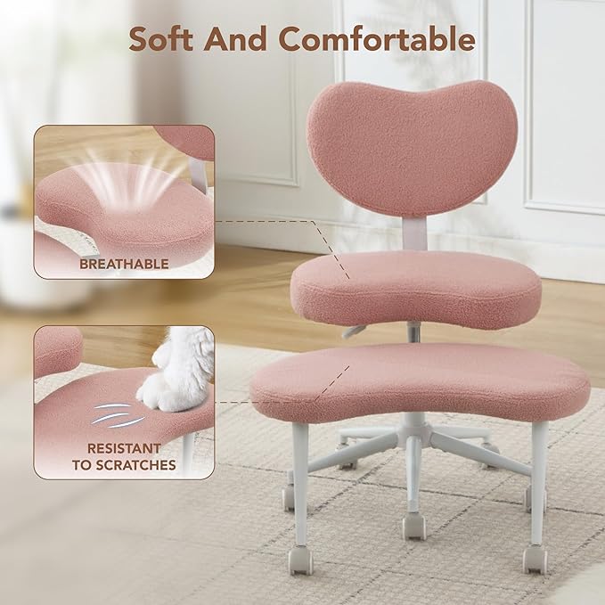 Cross Legged Office Chair, 360° Swivel Yoga Meditation Chair, Ergonomic Height Adjustable ADHD Criss Cross Office Chair with Wheels, Lumbar Support for Home Office, Pink