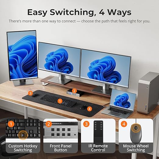 TESmart USB-C MST&EDID KVM Switch 3 Monitors 2 Computers HDMI+DisplayPort, 4K@60Hz KVM Switch Triple Monitor Dock for Laptop&Desktop, USB 3.0, Charging for Laptop, 1G Ethernet, Hotkey Switch