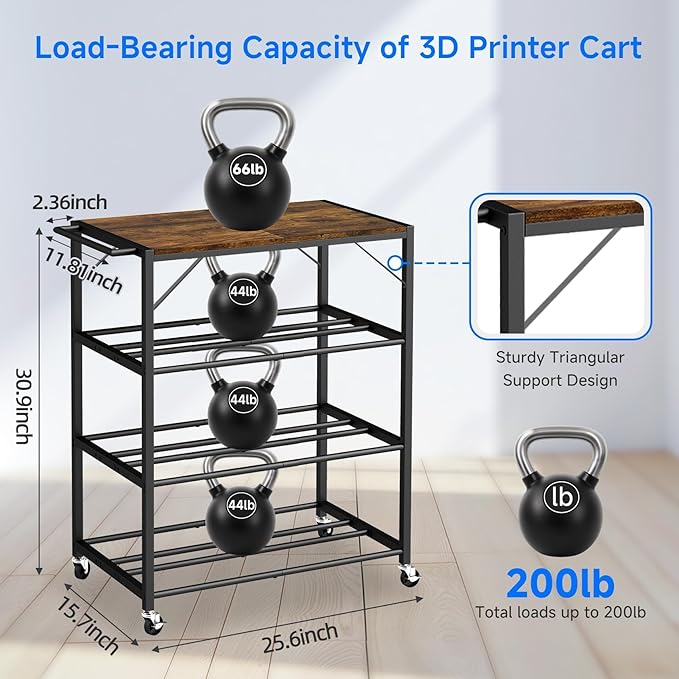 4-Tier 3D Printer Stand for Filament Storage,Heavy Duty 3D Printer Table Cart Holds 52 Spools,3D Printer Filament Rack with Wheels & Wood Top,3D Printers Cart for Workshop,Studio,Home Office (Brown)