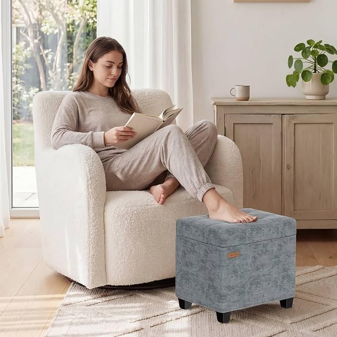 ABHENG Chenille Metal Framed Storage Ottoman,12.2" D x 16.1" W x 17.7" H Tufted Upholstered Ottoman with Storage,Foot Rest Stool with Legs,Holds 770 LB for Dorm Living Room Bedroom Gray UASND70G