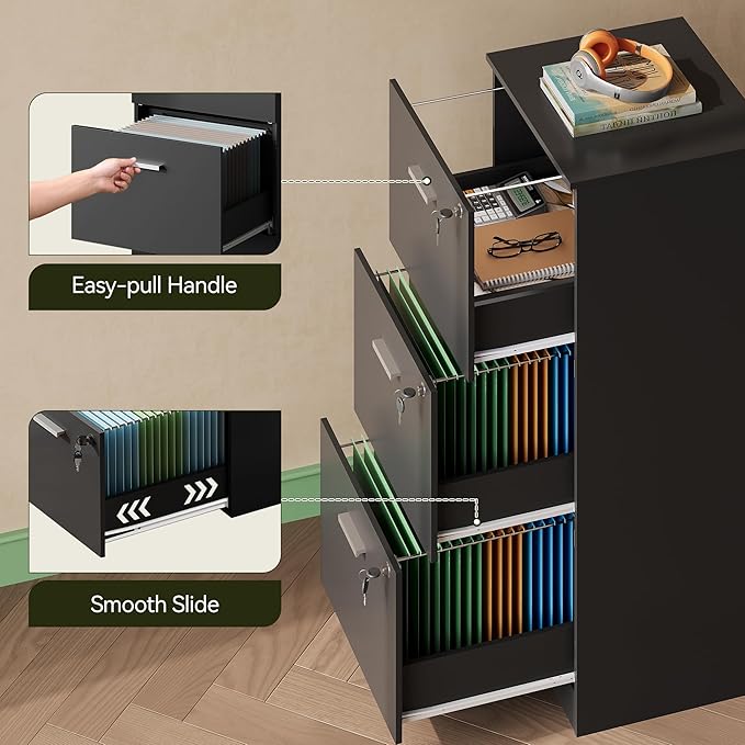 DEVAISE 3 Drawer File Cabinet, Vertical Wood Filing Cabinet with Lock for Home Office, Printer Stand for Letter and A4 Size, Black