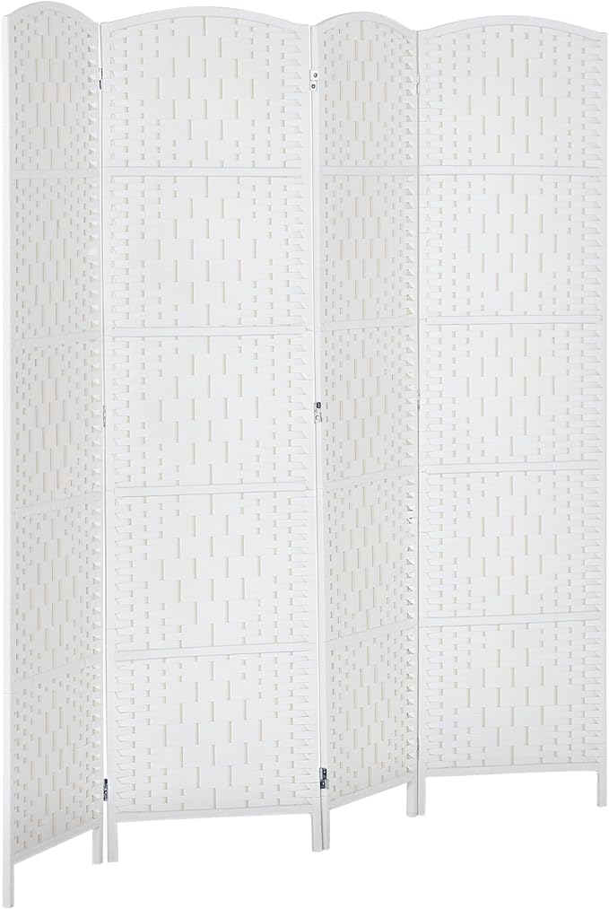 HOMCOM Room Divider 4 Panel, 6FT Tall Folding Privacy Screen, Freestanding Hand-Woven Partition for Room Separation with 360° Hinges, Paper Rope Diamond Weave, White