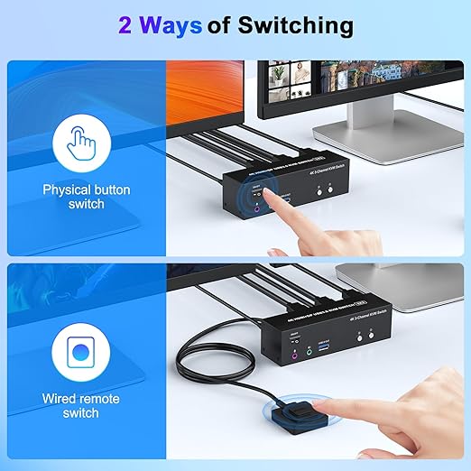 4K KVM Switch 3 Monitors 2 Computers Triple Monitor Displayport and 2 HDMI USB 3.0 KVM Switches 4K@60Hz,Support Extended/Mirror Mode Share 3 USB 3.0 Ports with Desktop Controller, Adapter Included