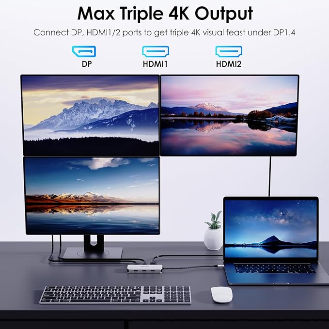 WAVLINK USB-C Quad Display Docking Station, 4K Triple Monitor Laptop Dock Hub for Windows, Dual HDMI + DisplayPort + VGA, 3 USB Ports