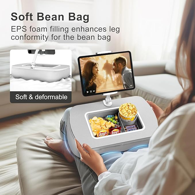 ERGONOV Tablet Stand Pillow with Snack Bowl, iPad Lap Holder for Hands-Free Reading and Relaxation on Bed,Couch,Recliner, 360° Rotating Clip for 4.7-13" Kindle,eBook,Tablet,iPhone (Light Gray)
