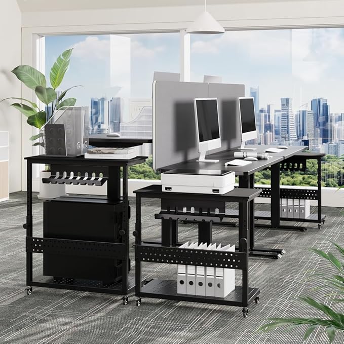 2-Tier Rolling Computer Tower Stand with Cable Management Rack, Height Adjustable CPU Holder Cart with Hooks for Gaming Home Office, PC Stand Fits Under Desk,Carbon Fiber Black