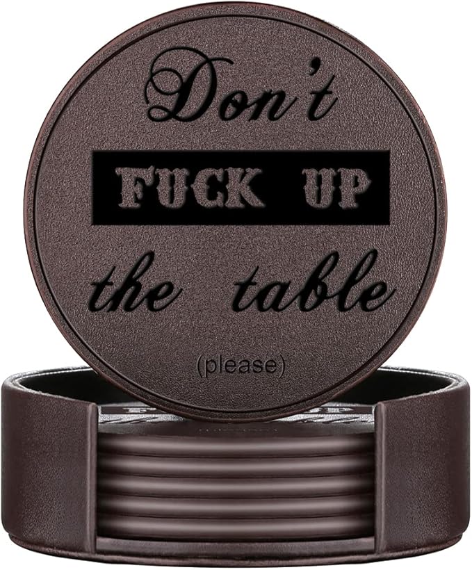 Funny Coasters, Thipoten Leather Coasters with Holder, Protect Furniture from Water Marks Scratch and Damage(6Pcs, Brown)