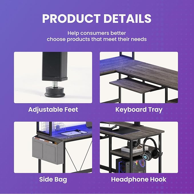 DUMOS L Shaped Gaming Desk 67", Reversible Computer Desk with LED Lights, Corner Desk for Small Spaces with Keyboard Tray & Storage Shelf, Metal Frame PC Gaming Table for Home Office Bedroom, Gray