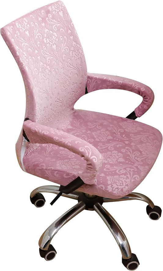 Velvet Pink Office Chair Cover with Armrest Cover 18Inch Wide Stretch Small Desk Computer Chair Covers with Long Zipper Arm Slipcovers Washable