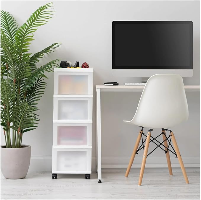 4-Drawer Narrow Plastic Storage Cart, with A Top Storage Compartment, Multi-functional Mobile Storage Cabinet, Suitable for Offices, Dormitories, and Craft Rooms. (White)