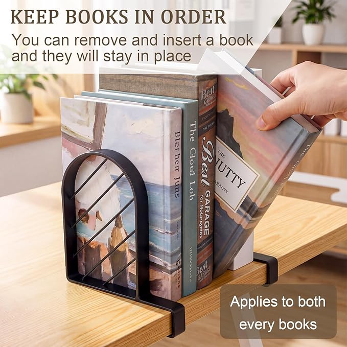 2 Pcs Metal Book Ends for Shelves Heavy Duty Clamp Book Organizer Black Metal Bookends Storage Holders with Non Skid Base for Home Office Supplies
