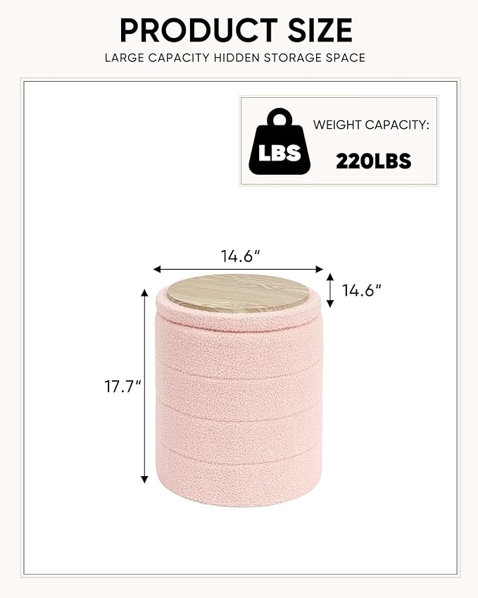Round Boucle Storage Ottoman, Sherpa Teddy Fabric Ottoman Footstool with Reversible Tray Lid, Folding Footrest with Storage for Living Room, Bedroom, Dorm, Pink, 14.6" x 14.6" x 17.7"