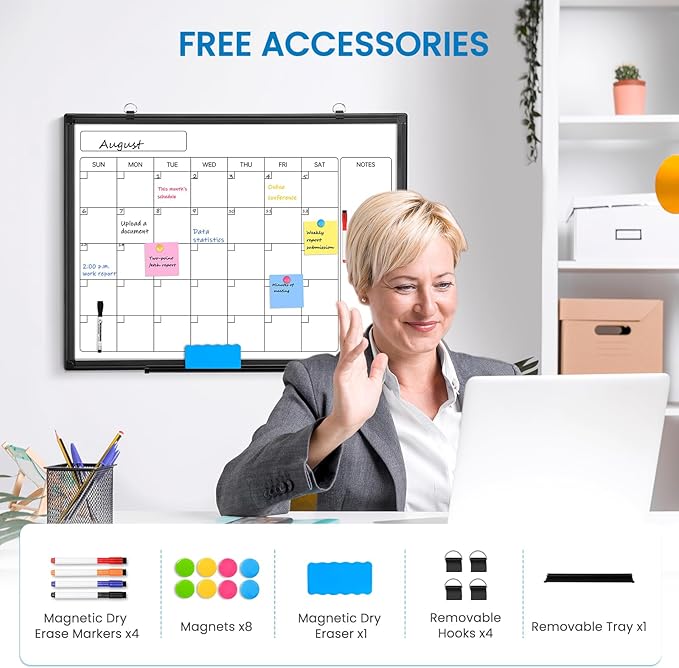 Monthly Calendar Dry Erase Whiteboard, 36" x 24" Magnetic Calendar White Board, Double-Sided Portable Board with Black Aluminium Frame for Office, Kitchen, School, Home