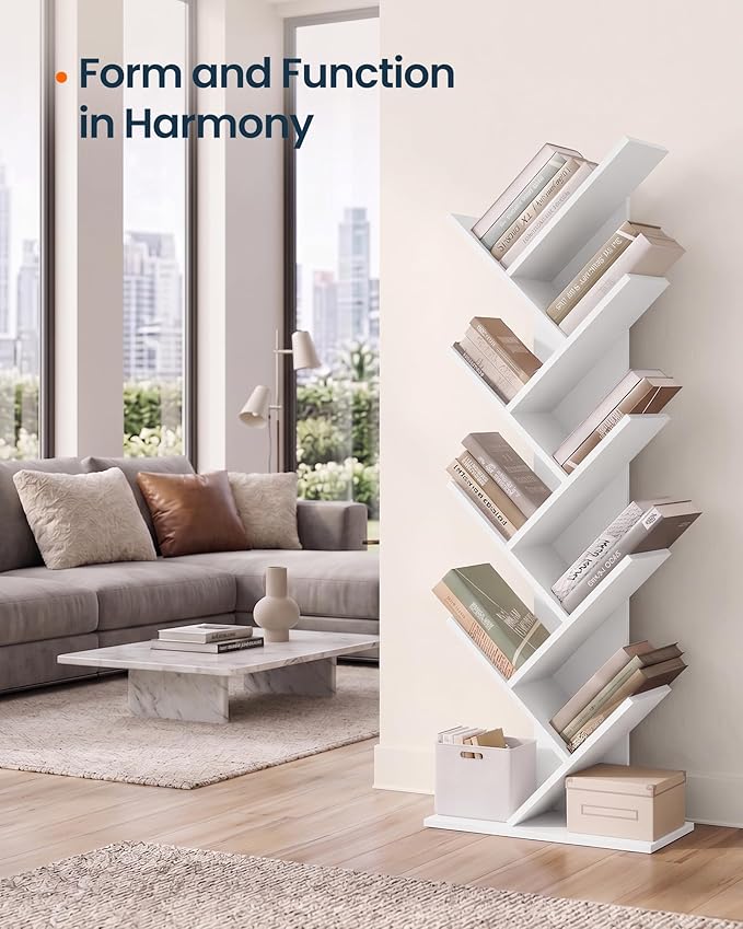 SONGMICS HOME 9 Tier Tree Bookshelf, Bookcase, Small Corner Shelf, Space Saving Book Tree for Home Office, Bedroom, Living Room, White