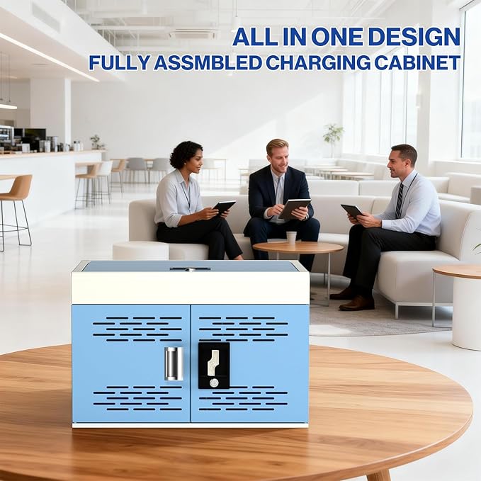 16-Unit Charging Cabinet for Laptops & Tablets - Locking Laptop Storage Box with Cable Management, Charger Storage, and Ground Protection for Classroom, Library, and Office(Blue)