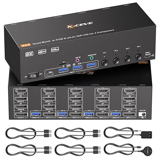 KVM Switch 4 Monitors 4 Computers HDMI + DisplayPort, KCEVE DP KVM Switcher, 8K@30Hz/4k@144Hz for 4 PC Share 4 Display and 4 USB 3.0 Devices