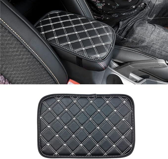 8sanlione Car Leather Center Console Cushion Pad, 11.4"x7.4" Waterproof Armrest Seat Box Cover Fit for Cars, Vehicles, SUVs, Comfort, Car Interior Protection Accessories (Black/White)