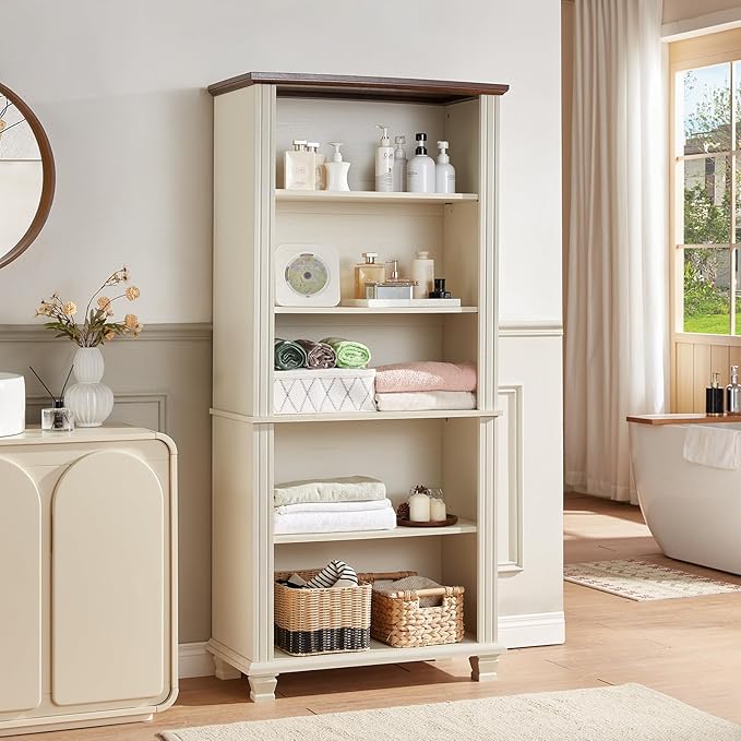 SAVOR LIFE 70" Tall White Bookshelf,5 Tier Wood Book Shelf with Adjustable Shelves & Wood Legs,Free Standing Farmhouse Bookcase with Open Display Storage,Vintage Kids Bookshelves for Nursery,2PCS
