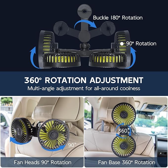 XOOL Car Fans for Backseat Kids- Dual Head USB Cooling Car Fan, 360° Rotatable Car Rear Headrest Fan, Car Seat Fan with Adjustable Clip for SUV RV Vehicles Truck