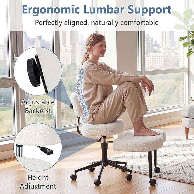 DUMOS Ergonomic ADHD Cross Legged Office Desk Chair with Adjustable Backrest, Height Adjustable Meditation Chair with 360° Swivel Footstool, Teddy Fabric Yoga Stool for Home Office, Bright White