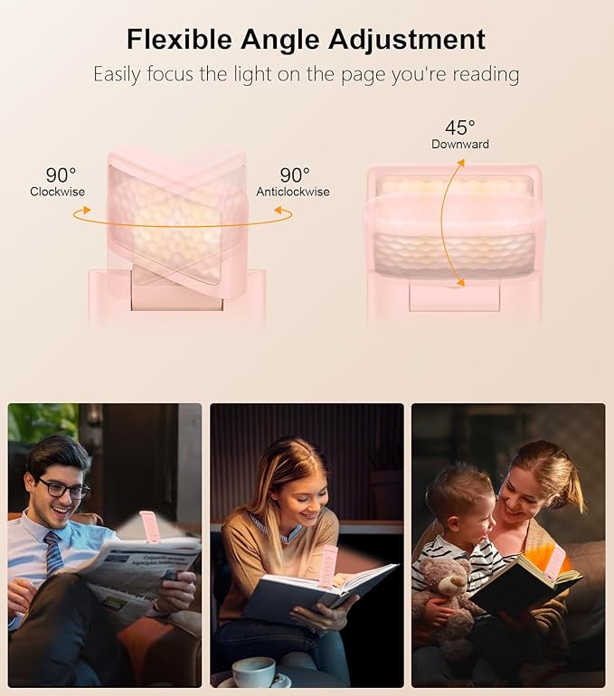 Gritin Book Light Rechargeable, Eye Caring 3-Color & 5-Brightness Clip on LED Reading Light for Books in Bed- Stepless Dimming, Long Lasting, Compact Size Flexible Book Lamp for Bookworms-Pink