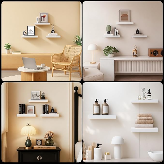 Floating Shelves, White Wooden Set of 3 Wall Mounted Bathroom Shelves Over Toilet, Modern Small Hanging Shelves for Bedroom Living Room Kitchen Home Decor Storage, 12" x 7" x 1.5"