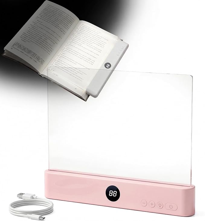 Book Reading Light Flat Screen Smart LED - Full Page Panel Lights for Books Reader in Bed at Night - Rechargeable Portable Dimmable Clear Study Lamp 3 Colors Timer for Bedside Travel (Pink)