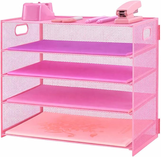 5 Tier Lettrer Tray Organizer, Metal Mesh Desk File Organizer with Sliding Trays, Paper Sorter Desk Organizer for Home Office School, Pink