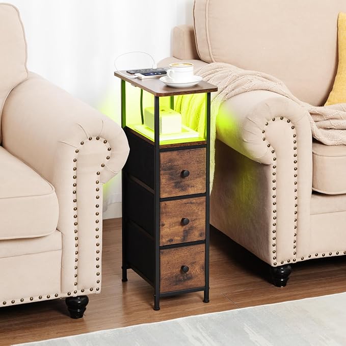 LOAKEKEL Narrow End Table Living Room with Charging Station, Skinny Side Table with Fabric Drawers, Slim LED Nightstand for Bedroom, Small Spaces, Couch, Brown, HETNDP03LBR-1
