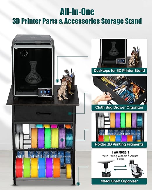 AHOWPD 3D Printer Table with Filament Storage - 3D Printer Stand Shelf Filament Storage Rack with Wheels Heavy Duty 3D Printer Cart Desk with Drawer for Workshop Studio Office