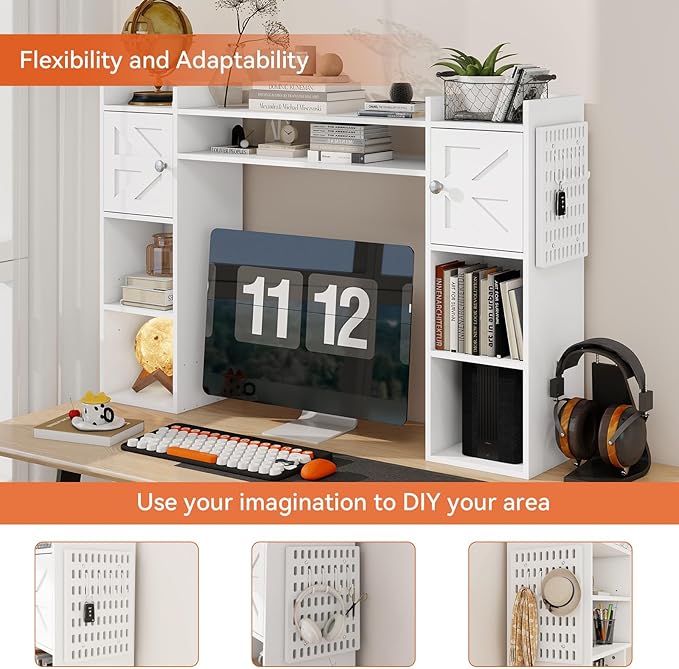 ELECWISH Desktop Bookshelf, Desk Hutch with Drawer for Computer Desk, 45.3" 8-Tier Adjustable Desktop Shelf Organizer with Pegboard for Home Office, Oak