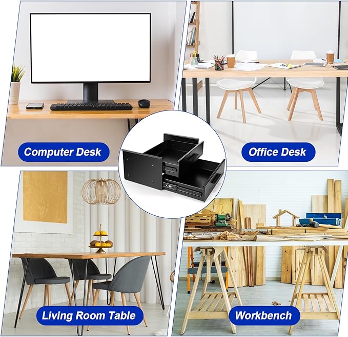 Menkxi 16 inch Under Desk Drawer Storage Pull out Storage Organizer Mounted Metal Sliding Hidden Under Counter Drawer Vertically Stacked for Office Sit Stand Workstation (Black,2 Layer)