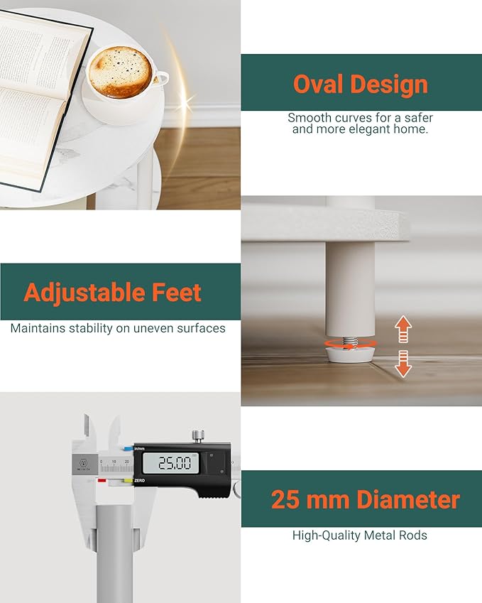 Round Pedestal End Table - 3-Tier Oval Accent Table for Small Spaces, Rustic Wood and Metal Couch Side Table, Nightstand for Bedroom or End Table Living Room, Easy to Assemble, Marble White