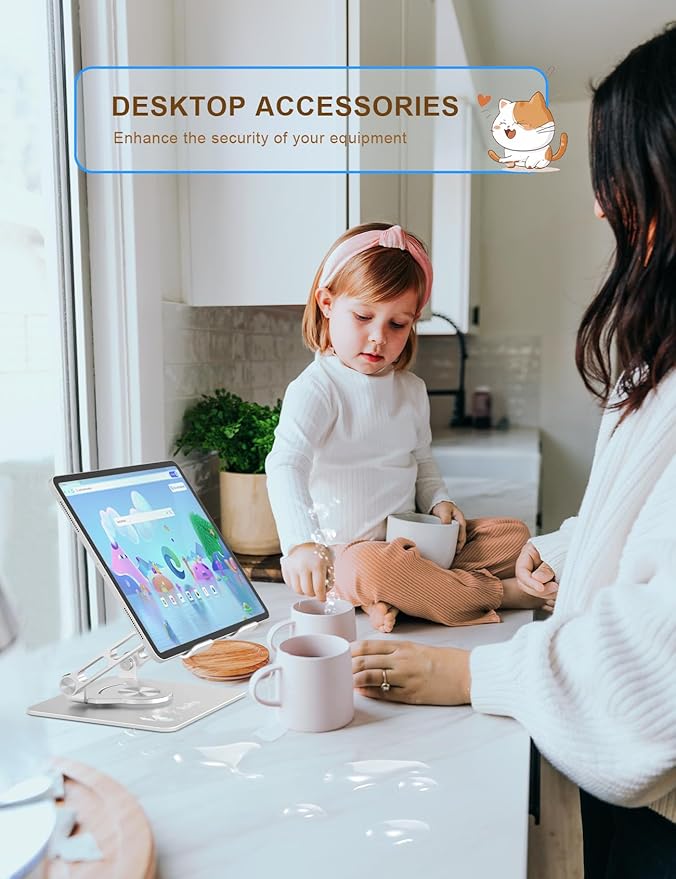 Aoviho Tablet Stand 360° Rotating Aluminum Holder, Adjustable, Portable and Foldable Monitors Stand for iPads, Compatible with 4-12.9" Tablets, Silver