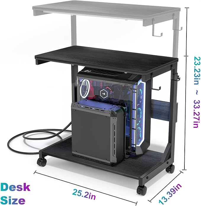 Height Adjustable Computer Tower Stand with Charge Station and USB Charging Port, 2-Tier ATX-Case Cart, Under Desk Mobile PC Stand, CPU Holder Cart with Locking Caster Wheels for Fits Most PC