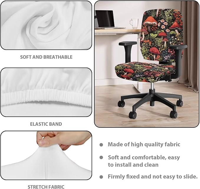 Mushroom Computer Chair Covers Stretchable Office Chair Cover Flower Desk Chair Seat Cover 2 Piece Decorative Universal Slipcover for Rotating Chair,Swivel Chair Protector Cover Black