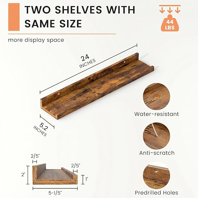 FLYJOE Picture Ledge Shelf, Floating Shelves Set of 2, 24 Inches Nursery Book Shelves for Toys Storage, Kids Bookshelf Wall Mounted for Living Room Bedroom Decor Books Photo Frames, Rustic Brown