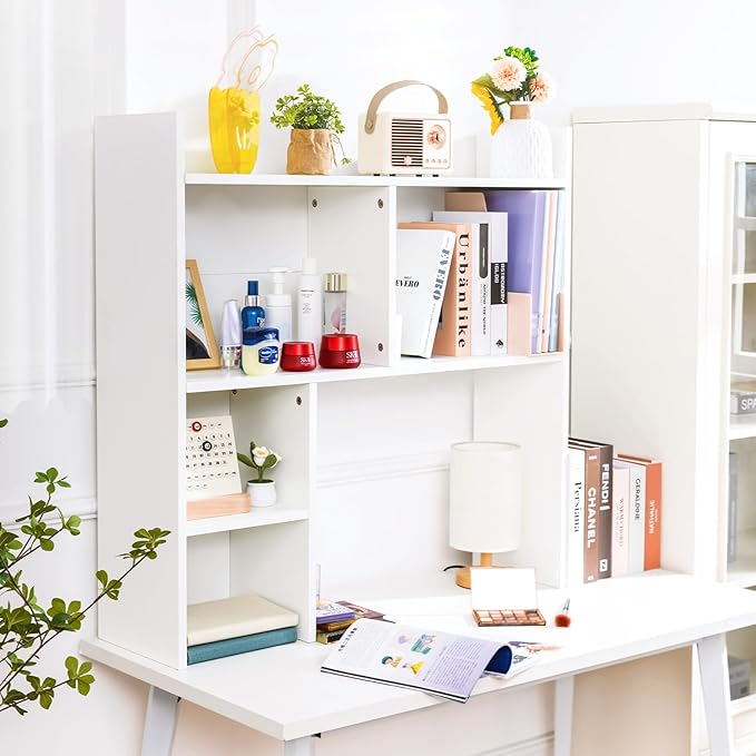 deli Desktop Shelf, Desk Hutch with 5 Shelves for Computer Desk, Desktop 3-Tier Display Rack, Multipurpose Wood Desktop Bookshelf Storage Organizer for Dorm Office Home