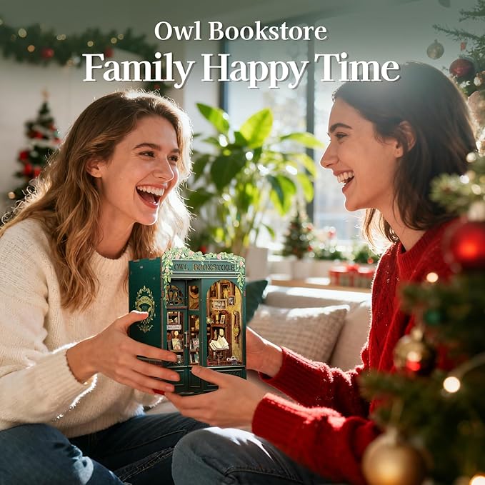 Fsolis Book Nook Kit, Booknook 3D Wooden Puzzles for Adults DIY Bookshop Model Diorama Bookshelf Miniature Kit Mini House Building, Gifts for Book Lovers Readers Book Worms（OWL Bookstore）