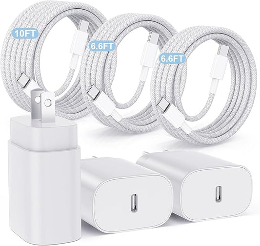 Hzevn 25W USB C Super Fast Charging Charger for Samsung Galaxy Phone, 3Pack Quick Charger Block with Braided Long USB C to C Cables (6/6/10ft) for Samsung Galaxy S25/S24/Plus/Ultra, Android/iPhone 17
