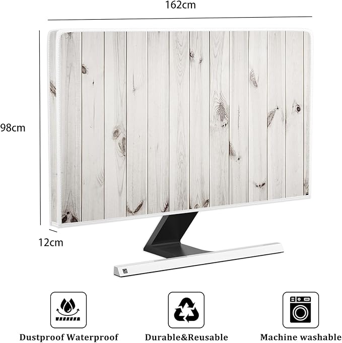 Rustic White Brown Wood Board Television Cover 70 Inch Waterproof TV Display Protectors Weatherproof Dust-Proof Anti-Scratch Protective Cover for Desktop and Home Hanging TV