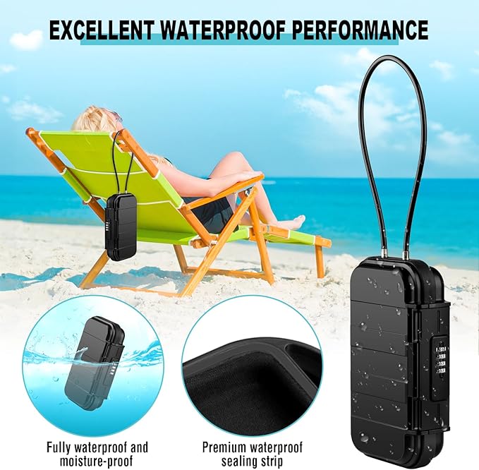 HUANLANG Portable Safe Lock Box with Combination Lock Mini Beach Travel Safe Waterproof Small Lockable Boxs with Removable Wire Rope Combination Lock Box for Dorm,Travel,Beach,Hotel,Car,Home,Office
