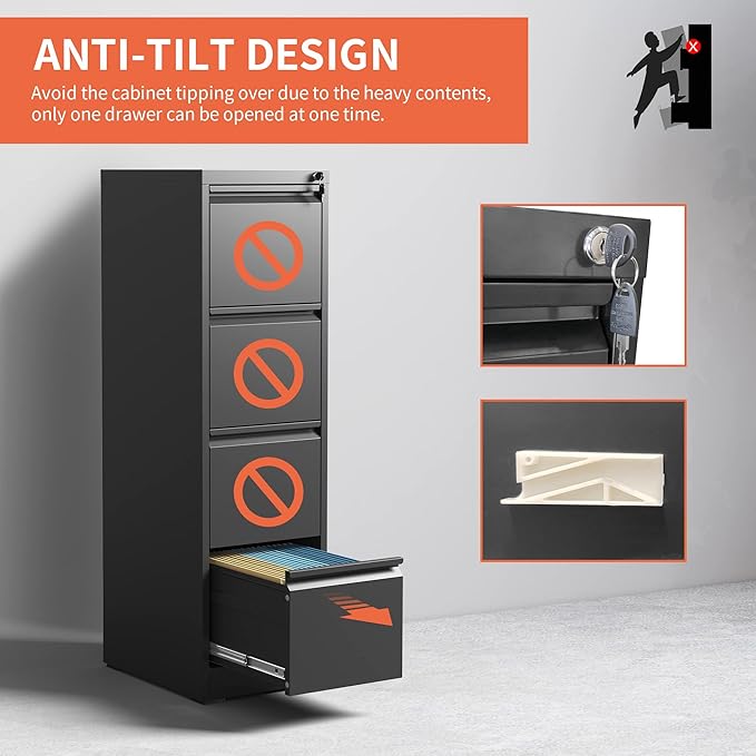 IKIMI 4 Drawer File Cabinet with Lock,Metal Filing Cabinets,Black Vertical File Cabinet for Home Office,Heavy Duty Metal Storage Cabinet for A4/Letter/Legal Size File,Assembly Required