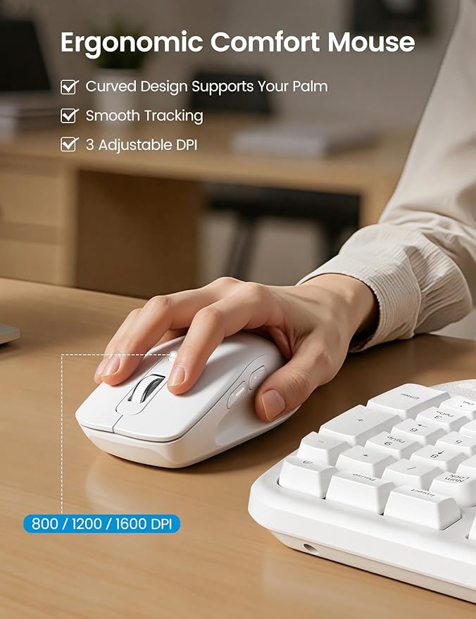 White Ergonomic Wireless Keyboard and Mouse Combo, 2.4G Full Size Ergo Wave Key Board with Cushioned Plam Rest, Natural Typing, 3 DPI Adjustable Silent Mouse for Computer/Laptop/Windows/Mac - Sablute