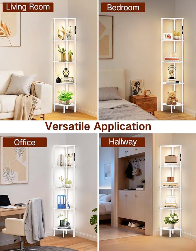 5-Tier Corner Bookshelf with LED Lights, Touch & Remote Control, 3 Color Temperatures, Dimmable Narrow Display Shelf with 1-Hour Timer for Living Room, Bedroom, Office(White)