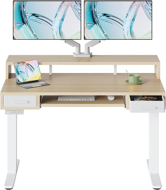 HUANUO 48″ x 26″ Electric Standing Desk with 2 Drawers &24.4″ Large Keyboard Tray, C-Clamp Mount Compatible, Adjustable Computer Desk for Office, Sit Stand Up Desk with 4 Height Presets, Light Walnut